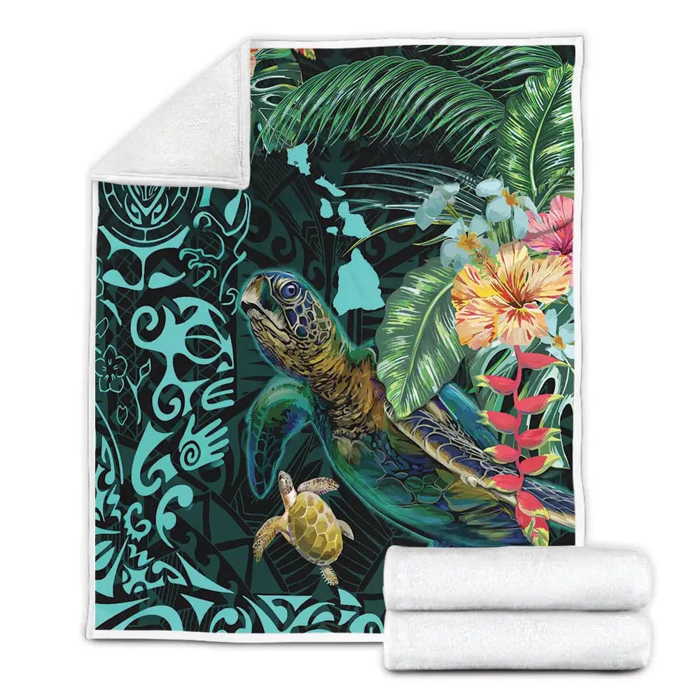 Turtles Kanaka Maoli Polynesian Plumeria Fleece Blanket Gift For Wife Husband Besties