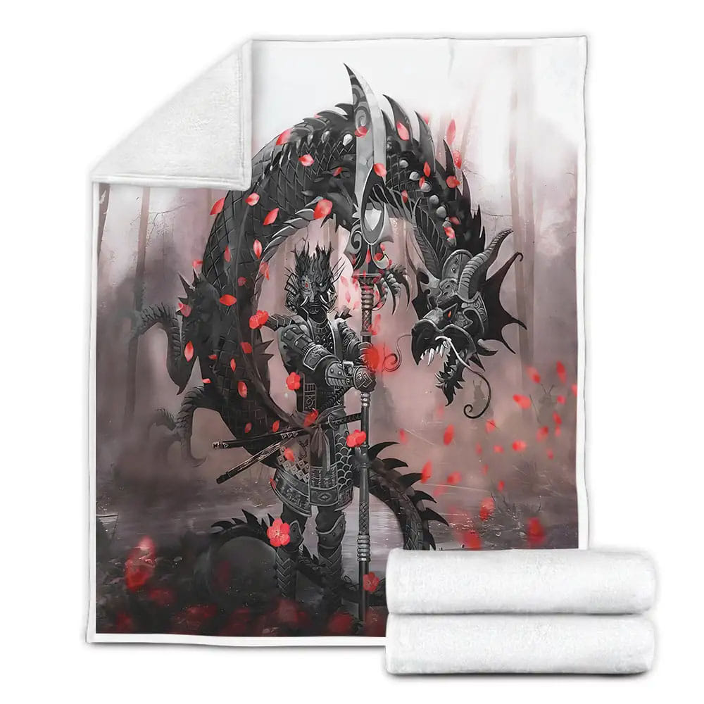 Samurai And Dragon Fleece Blanket Gift For Birthday Halloween Christmas Thanksgiving