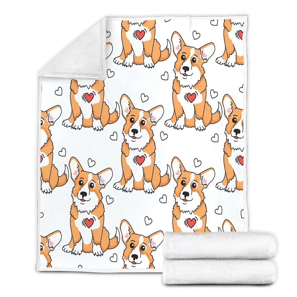 Cartoon Corgi With Love Red White Hearts Fleece Blanket Gift For Wife Husband Besties