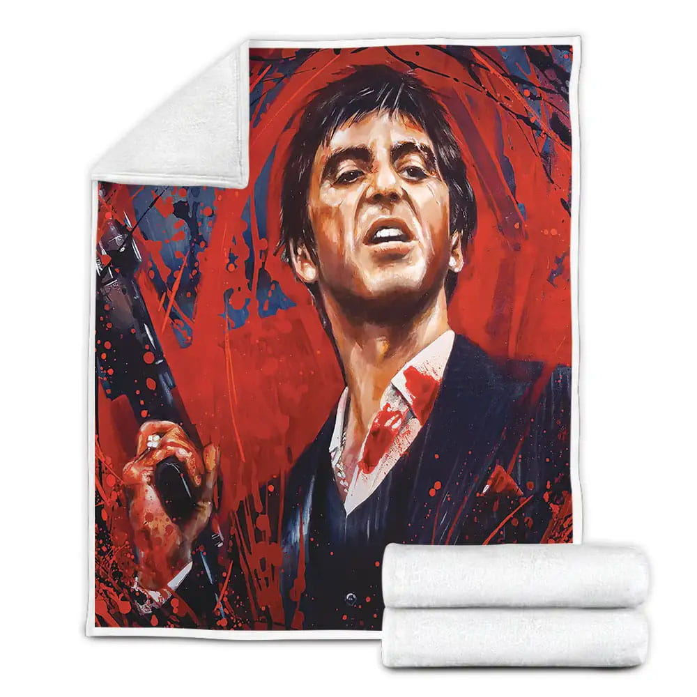 Scarface Tony Montana Bloody Art Painting Fleece Blanket Gift For Wife Husband Besties