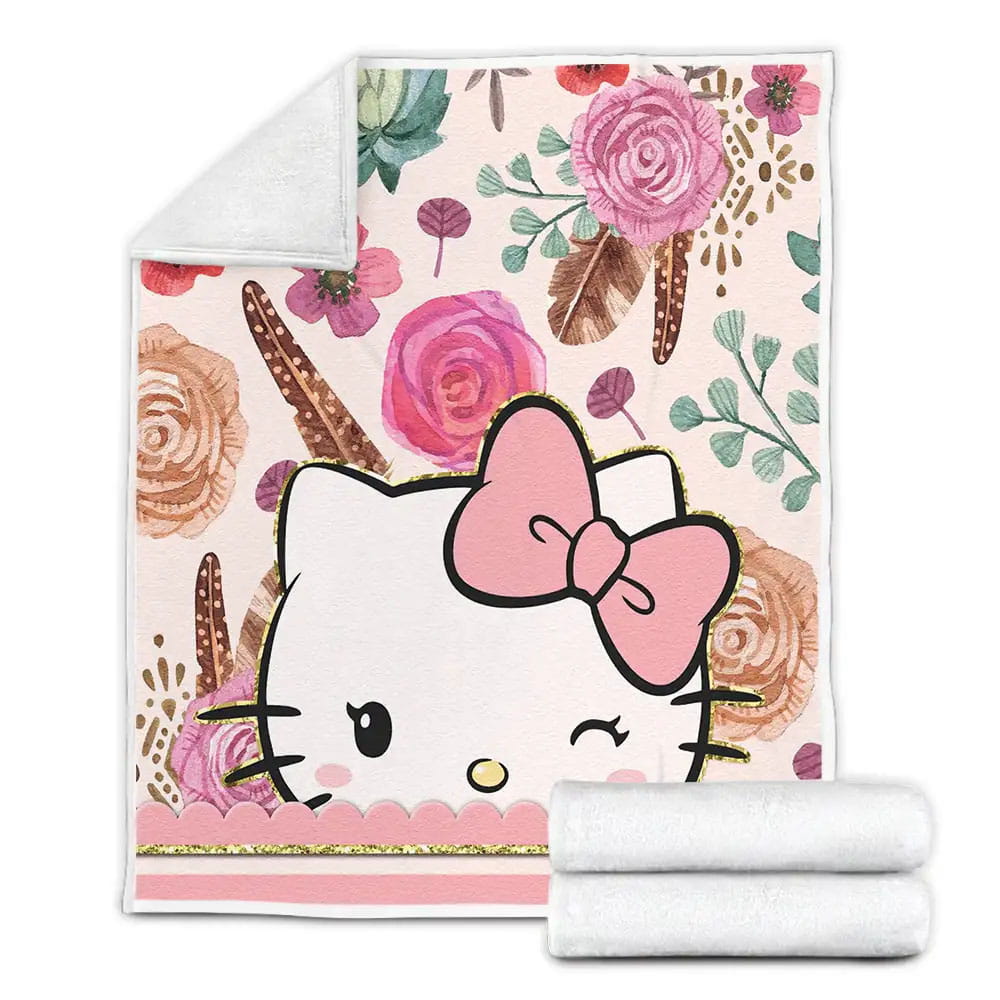 Hello Kitty And Beautiful Flowers Drawing Fleece Blanket Gift For Wife Husband Besties