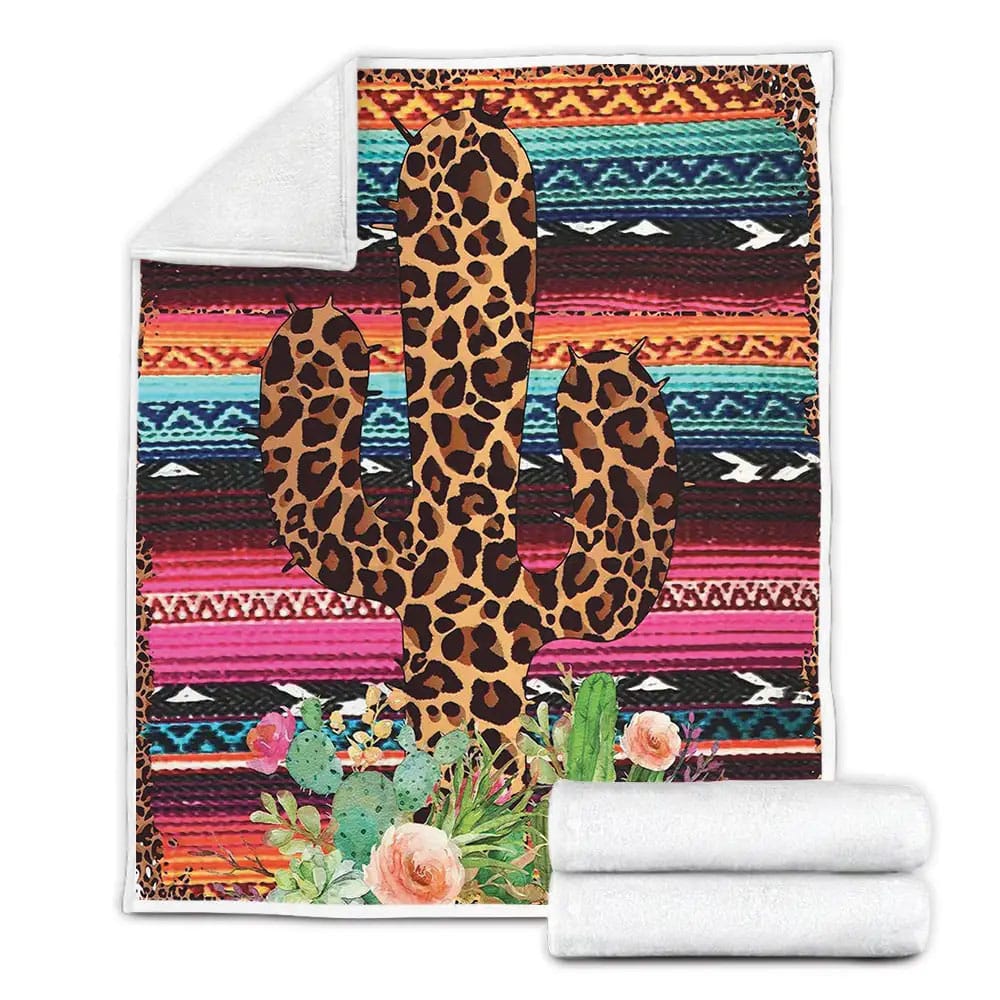 Leopard Skin Cactus Flower Fleece Blanket Gift For Christmas Thanksgiving Halloween