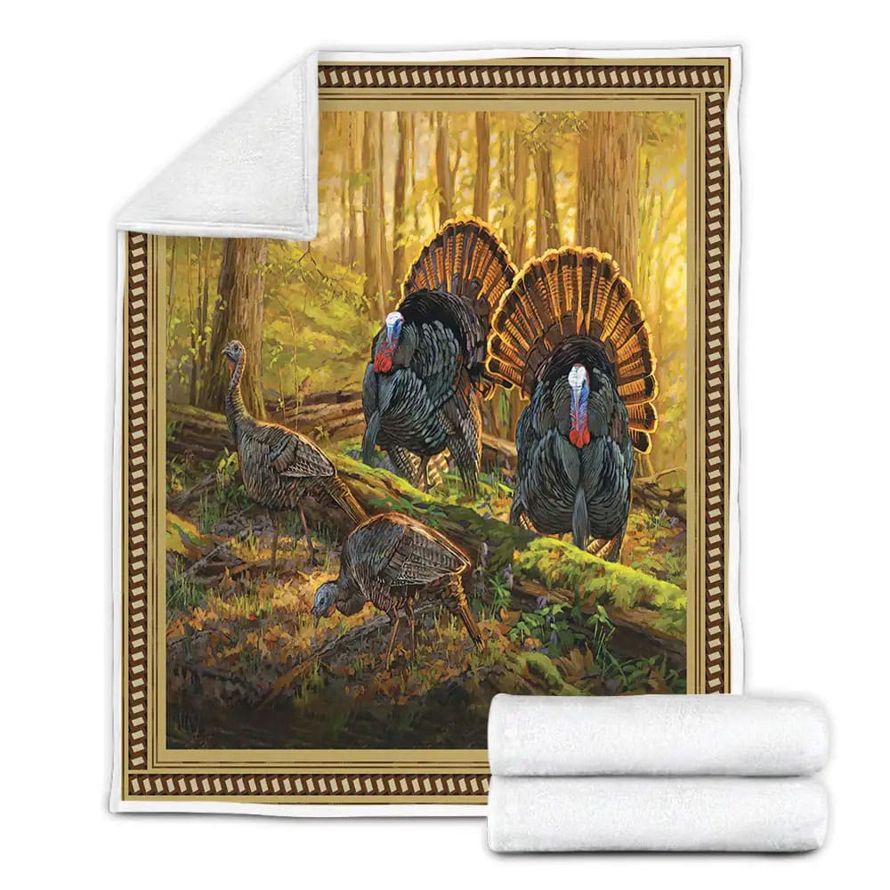 Turkey In The Forest Fleece Blanket Gift For Birthday Halloween Christmas Thanksgiving