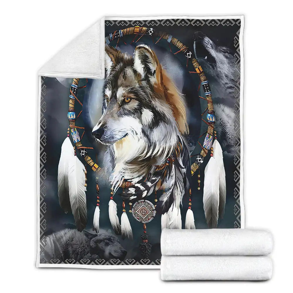 Native American Wolf Fleece Blanket Gift For Birthday Halloween Christmas Thanksgiving