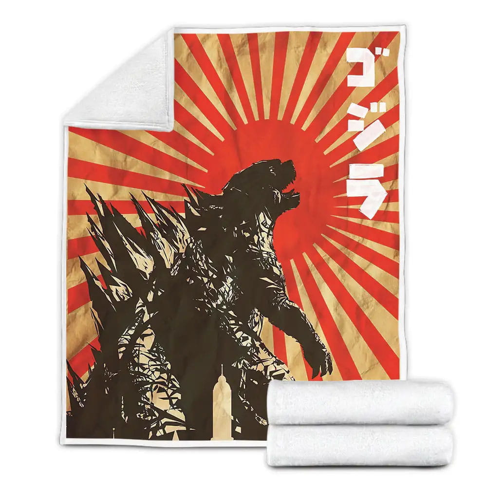 Godzilla Silhouette In Japanese Sun Symbol Fleece Blanket Gift For Wife Husband Besties