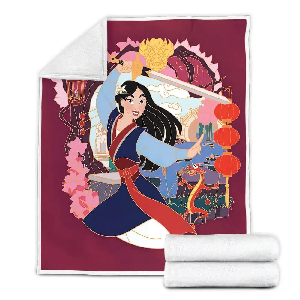Disney Princess Mulan Mushu And Cri-Kee Illustration Fleece Blanket Perfect 