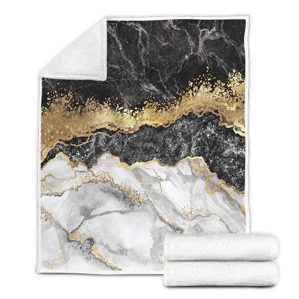 Black Gold And White Marble Fleece Blanket Gift For Christmas Thanksgiving Halloween
