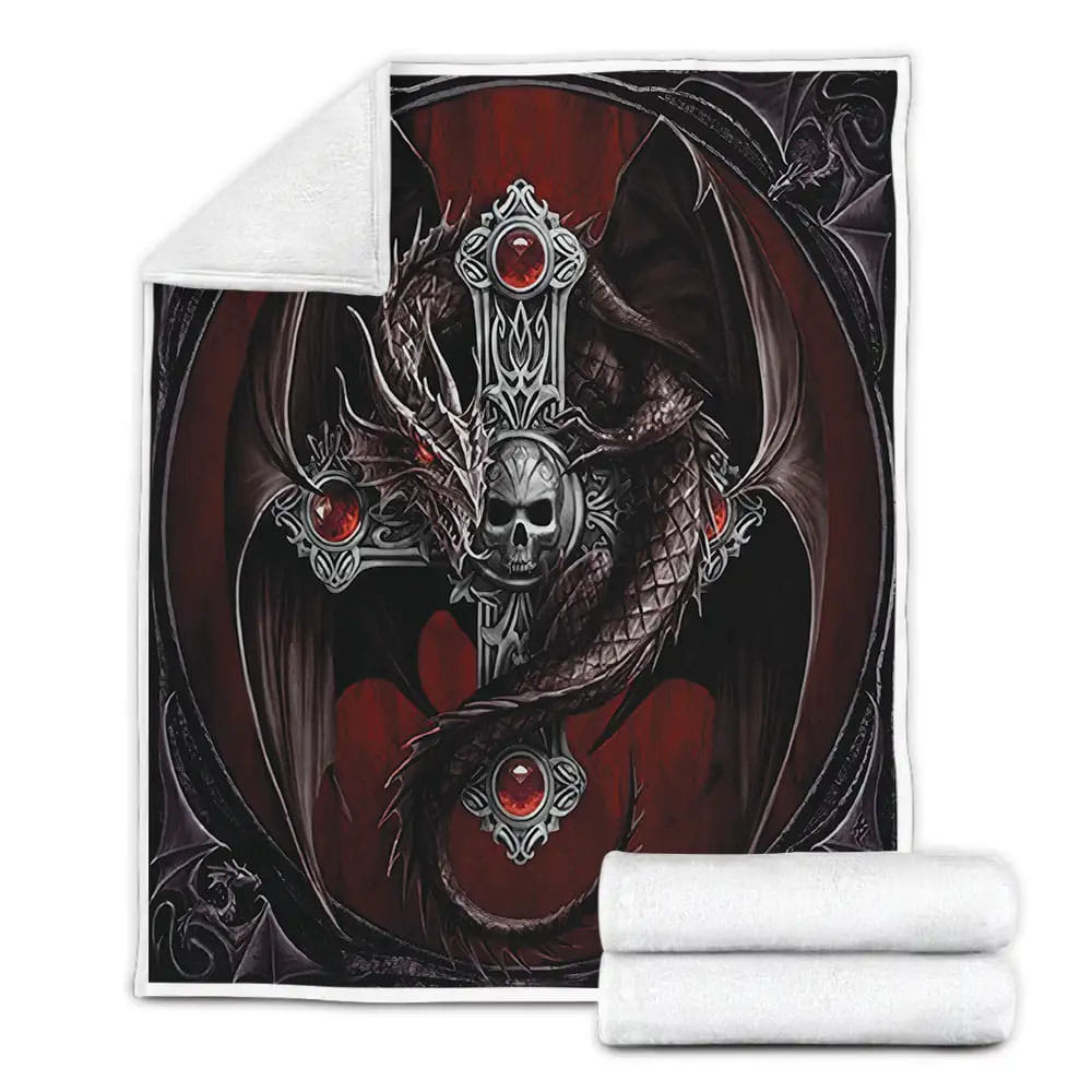 Red And Black Skull Dragon Fleece Blanket Gift For Christmas Thanksgiving Halloween
