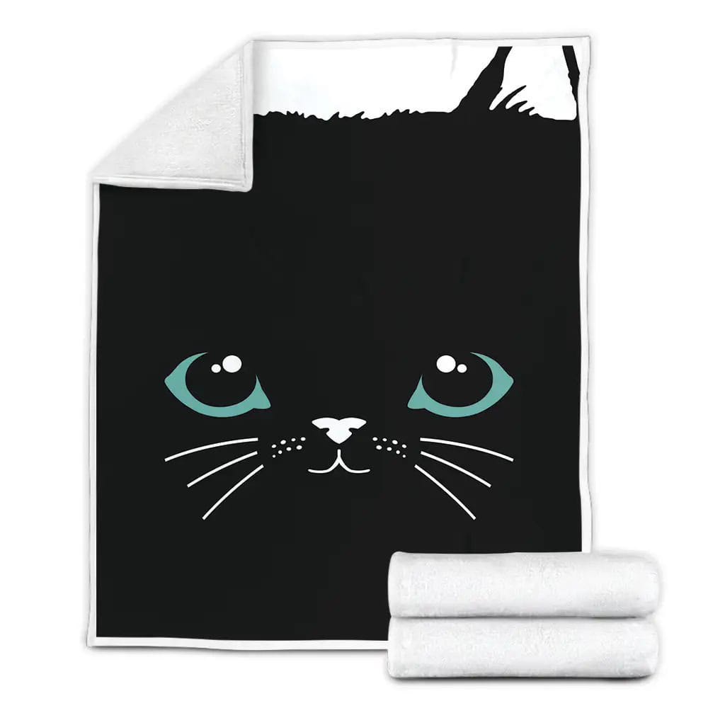 Cats Black Cat Blue Eyes White Ears Cartoon Fleece Blanket Gift For Wife Husband Besties