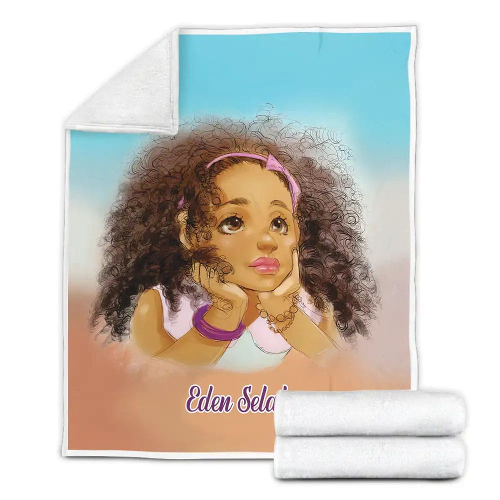 Cute Big Hair Black Little Girl Custom Name Fleece Blanket Gift For Wife Husband Besties