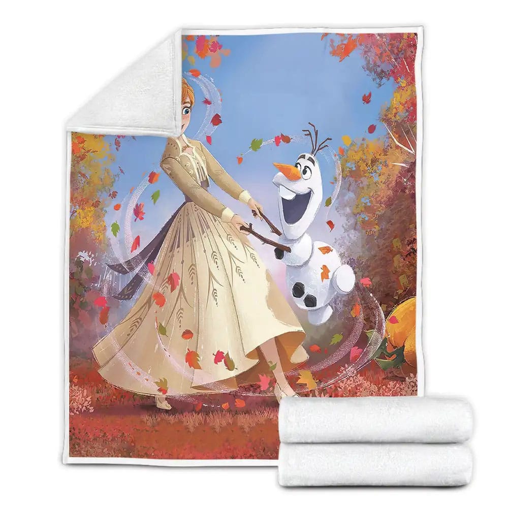 Frozen Anna And Olaf Dancing In Autumn Leaves Fleece Blanket Gift For Wife Husband Besties