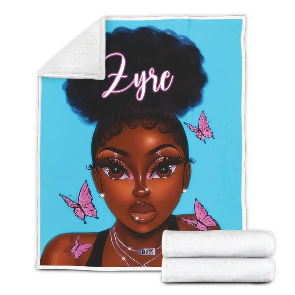 Black Girl High Puff Hairstyle With Butterfly African Fleece Blanket Perfect 