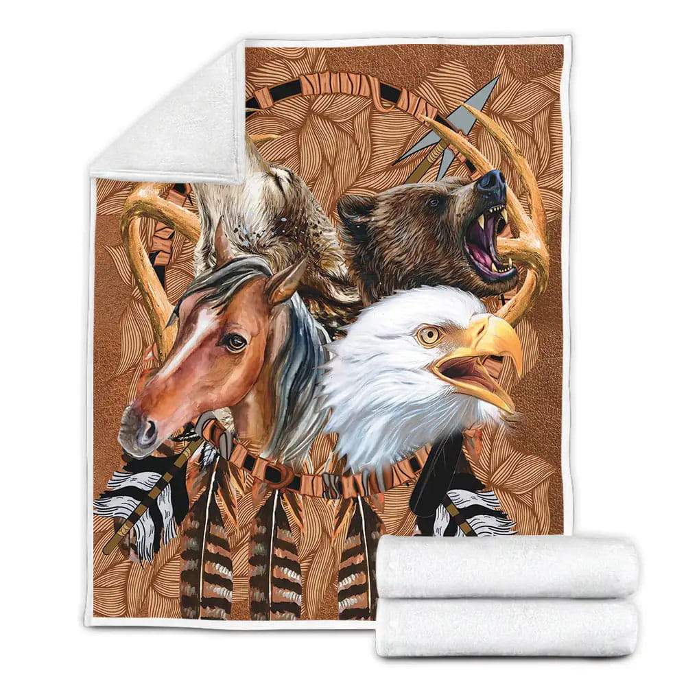 Totem Bohemian Animals Eagle Horse Wolf Bear Fleece Blanket Gift For Wife Husband Besties