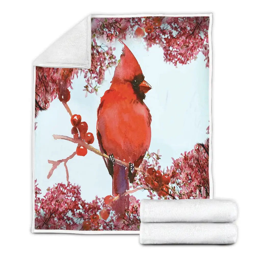 Red Cardinal Bird On The Tree Fleece Blanket Gift For Christmas Thanksgiving Halloween