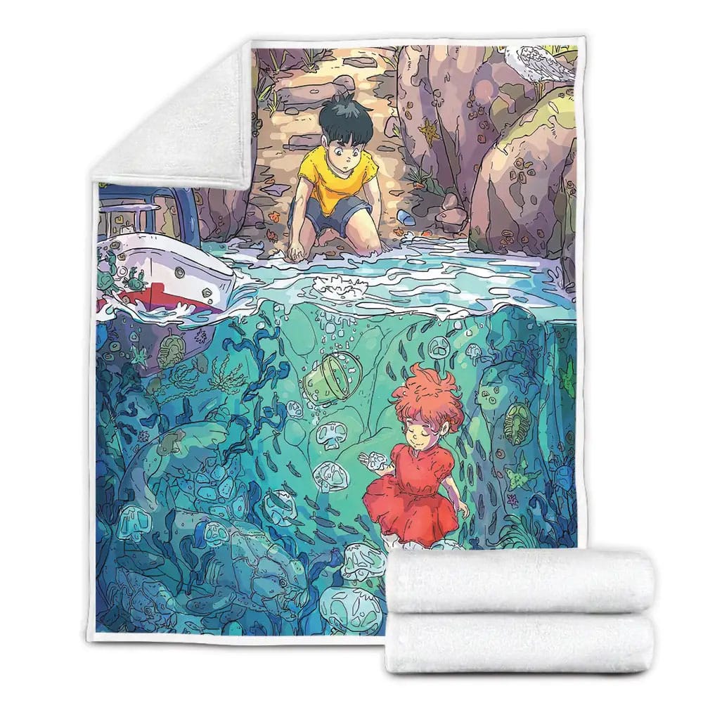 Ponyo And Sosuke Artwork Fleece Blanket Gift For Birthday Halloween Christmas Thanksgiving