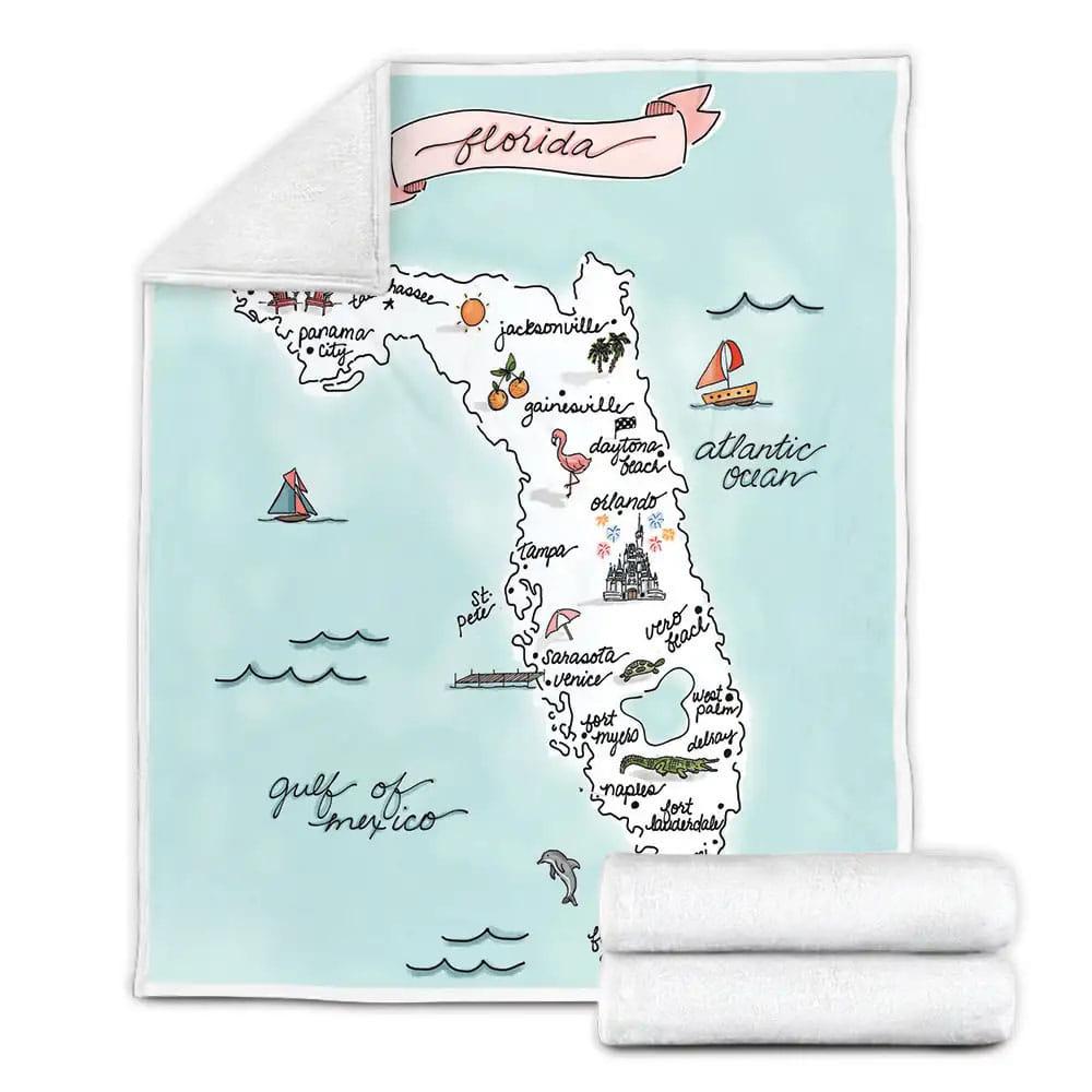Florida State Map Destination Fleece Blanket Gift For Christmas Thanksgiving Halloween
