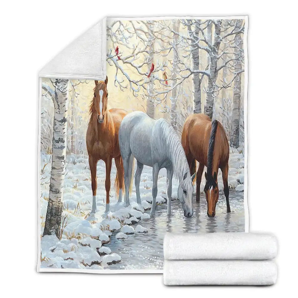 Beautiful Horse In The Winter Fleece Blanket Gift For Christmas Thanksgiving Halloween