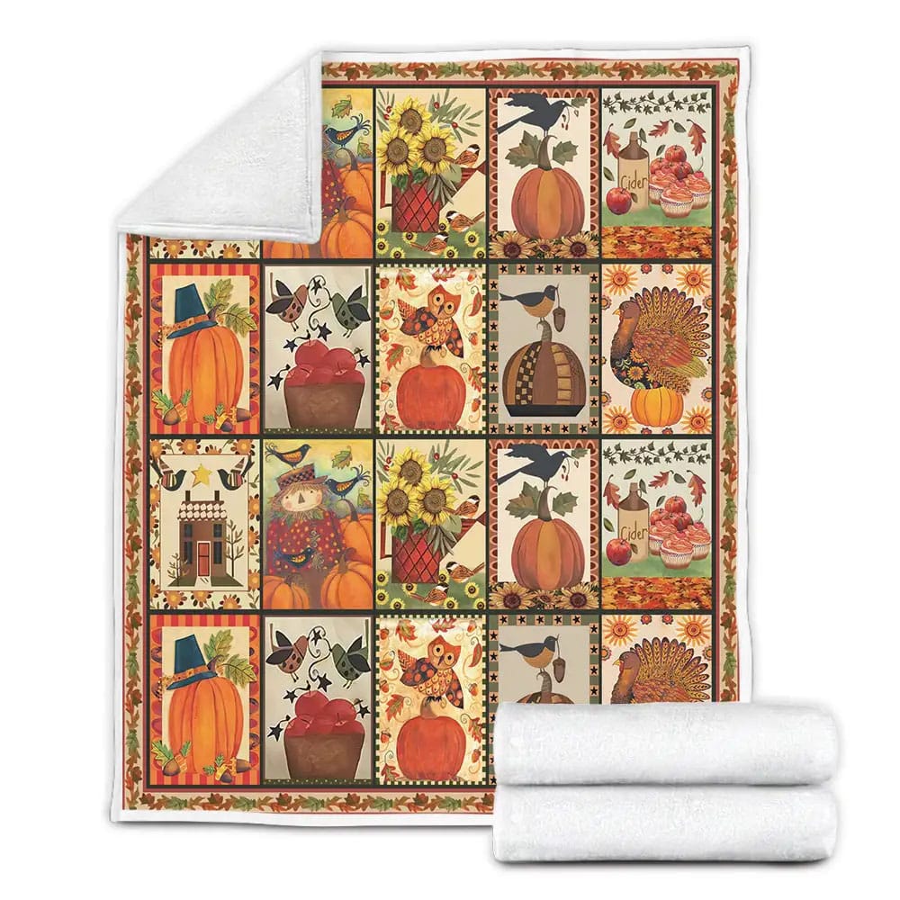 Autumn Thanksgiving On Square Fleece Blanket Gift For Christmas Thanksgiving Halloween