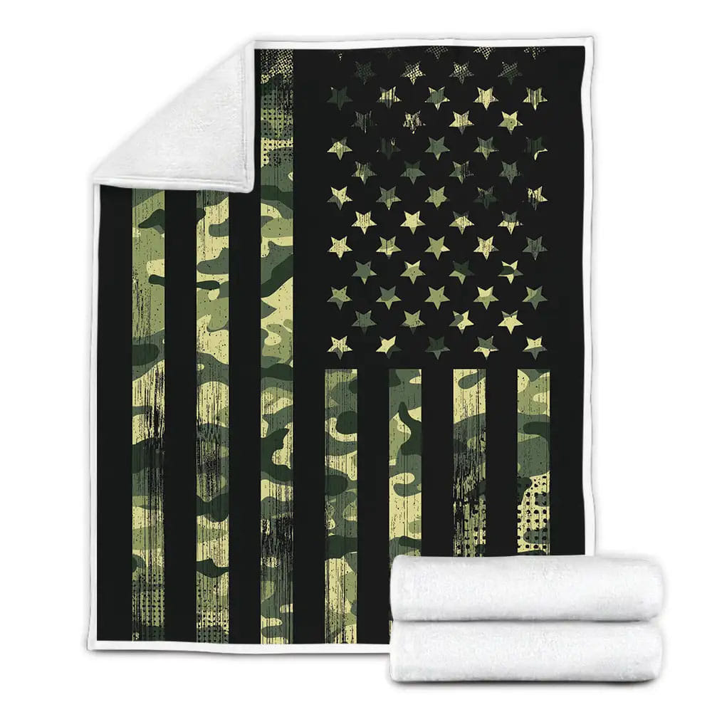 Green Camouflage American Flag Fleece Blanket Gift For Christmas Thanksgiving Halloween