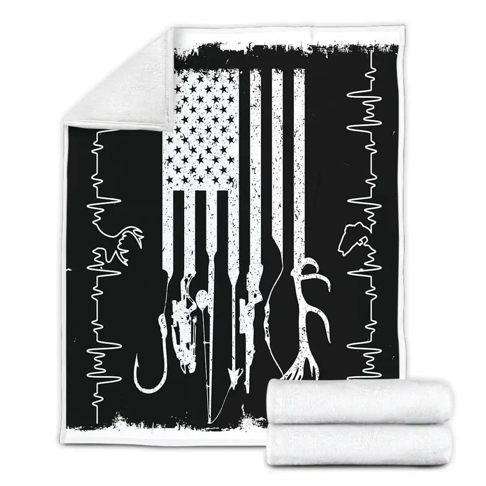 Hunting And Fishing American Flag Heartbeat Fleece Blanket Gift For Wife Husband Besties