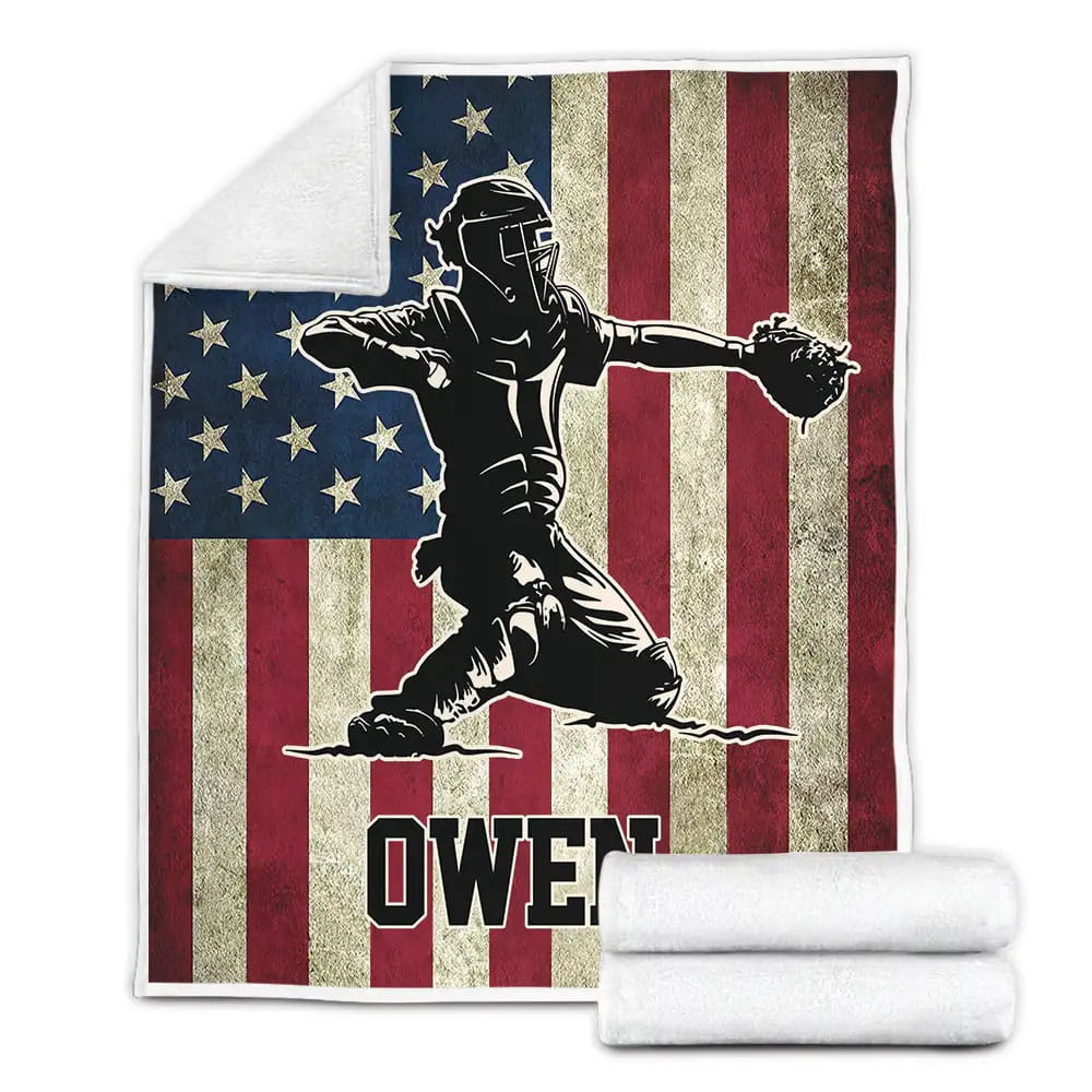 American Flag Baseball Catcher Petmytshirt Custom Name Fleece Blanket Perfect 