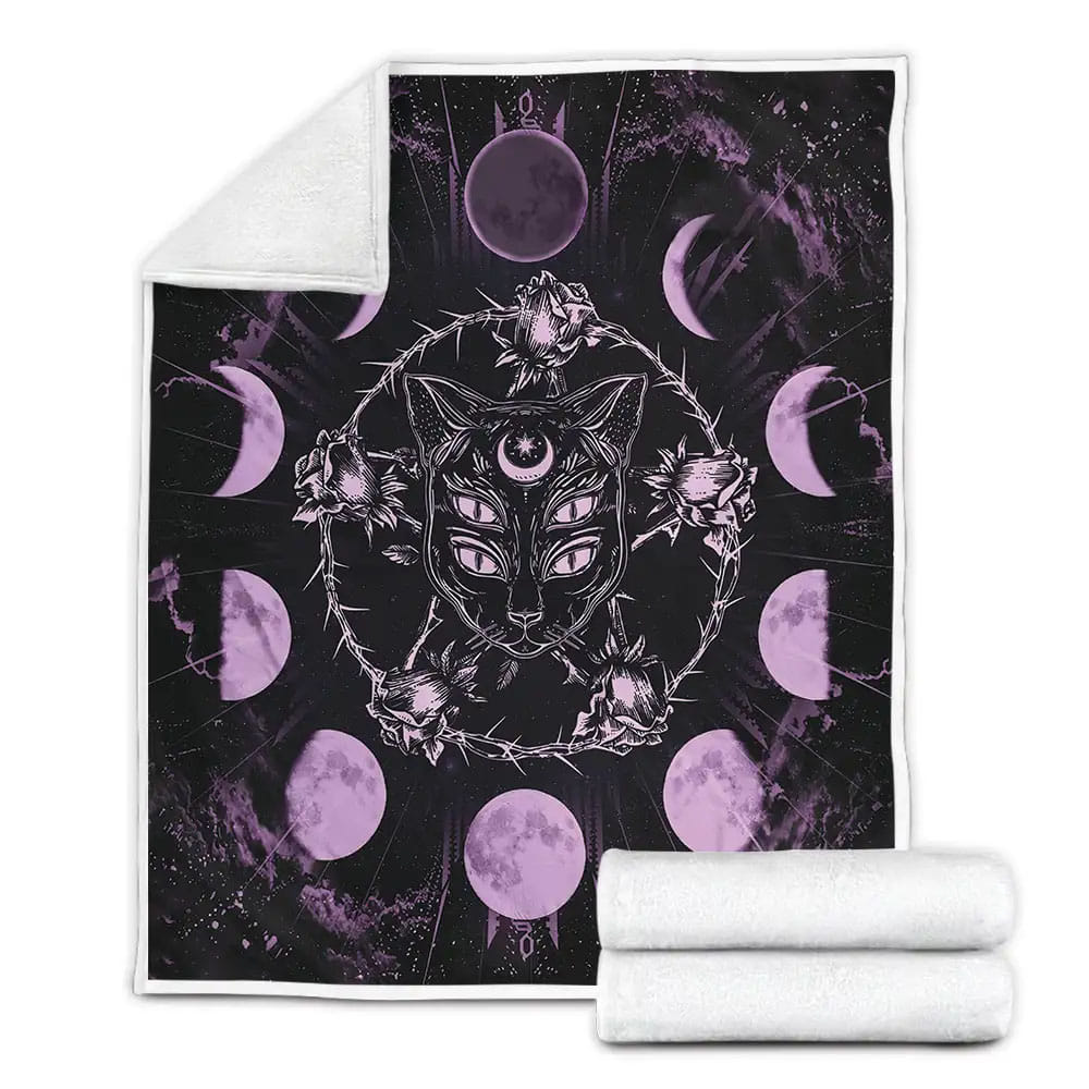 Gothic Black Cat Four Eyes And Roses Pentagram Fleece Blanket Gift For Wife Husband Besties