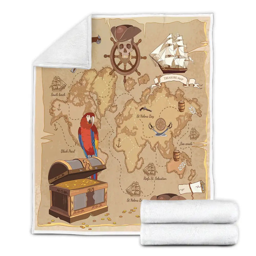Pirate Map. Parrot And Treasure Fleece Blanket Gift For Christmas Thanksgiving Halloween
