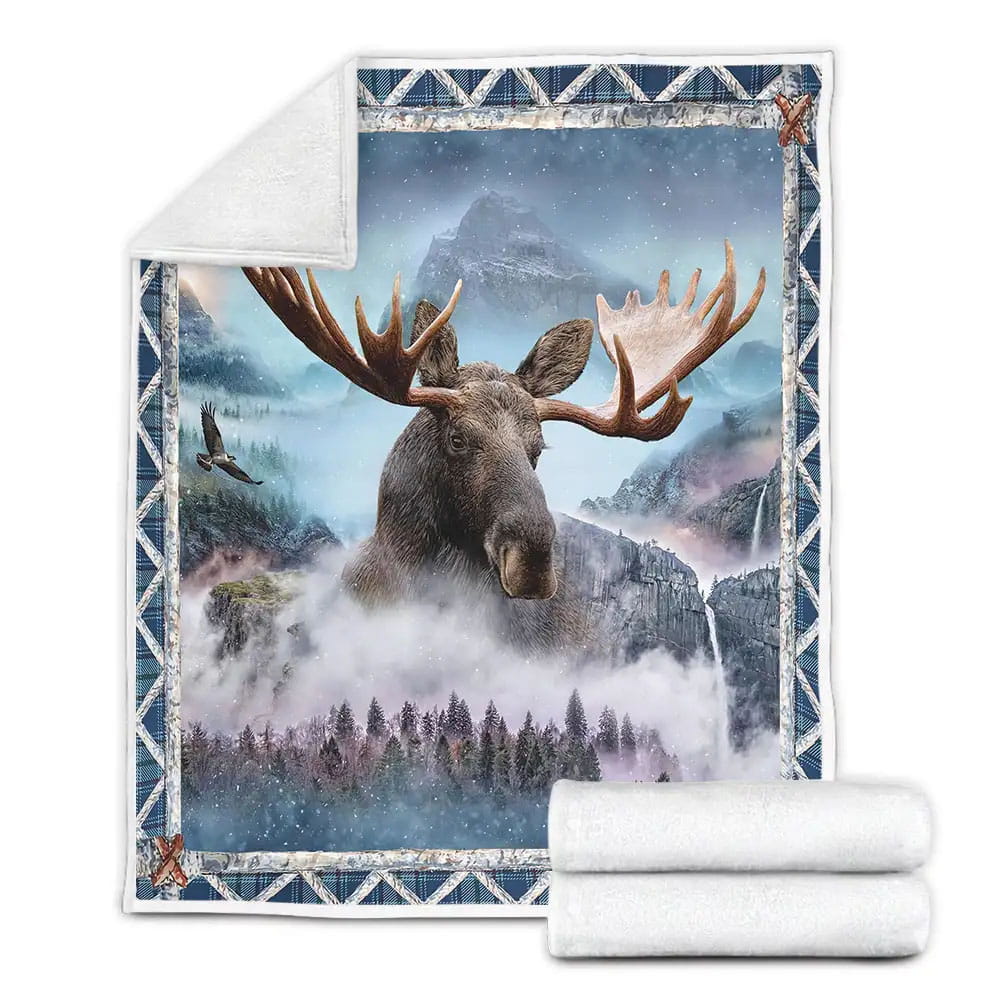 Moose In The Foggy Forest Fleece Blanket Gift For Birthday Halloween Christmas Thanksgiving