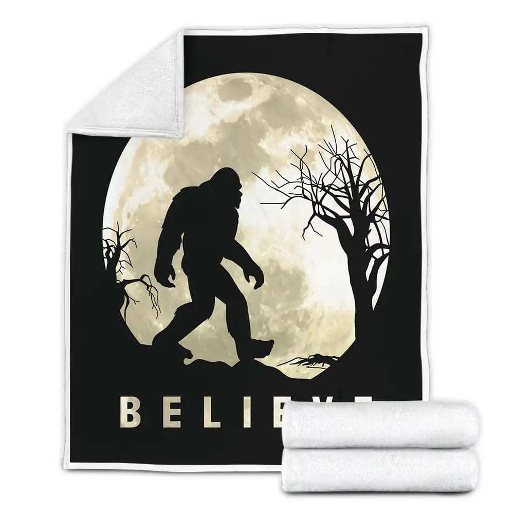 Believe Bigfoot Full Moon Fleece Blanket Gift For Birthday Halloween Christmas Thanksgiving