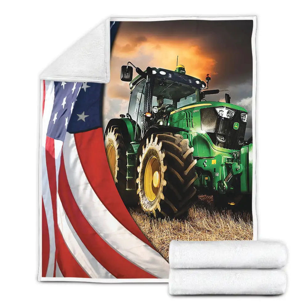 American Flag And Tractor Fleece Blanket Gift For Birthday Halloween Christmas Thanksgiving