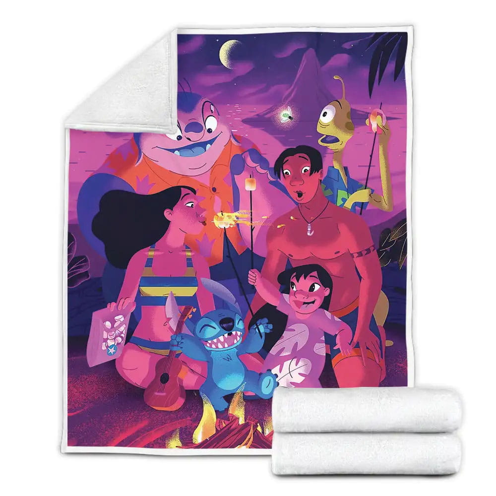 Lilo And Stitch Camping At Hawaii Fleece Blanket Gift For Christmas Thanksgiving Halloween