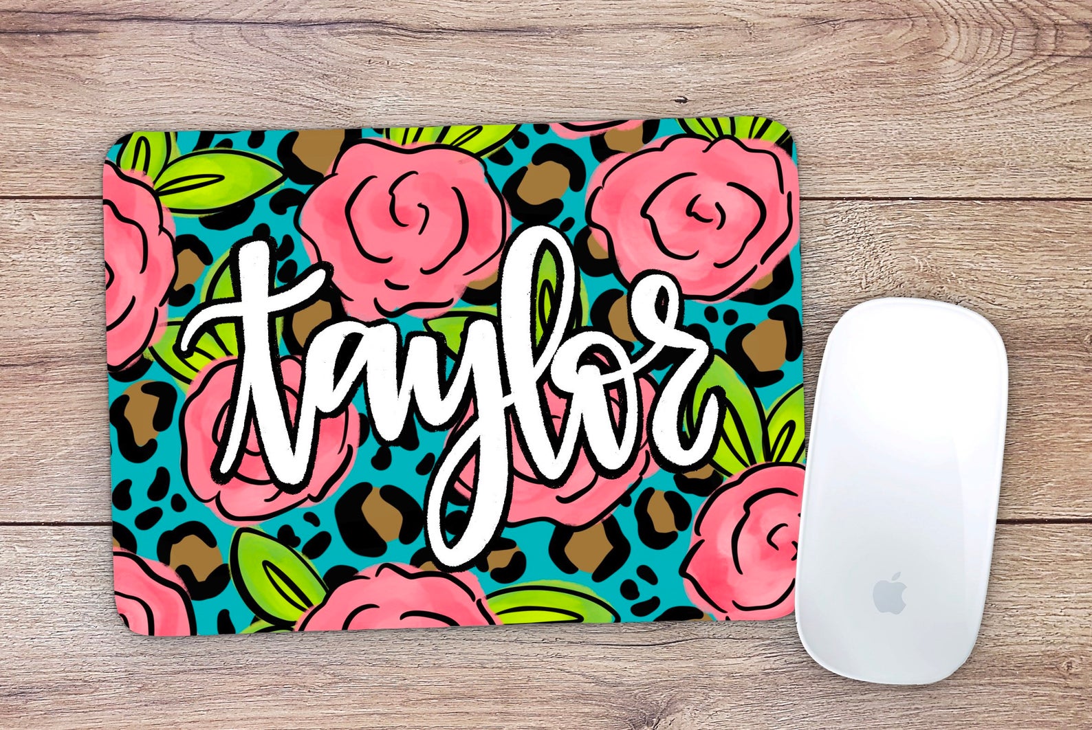 Allleftout Custom Aqua Leopard Floral Mouse Pad