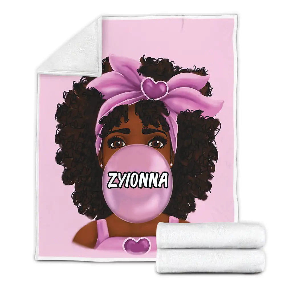 Black Baby Girl Afro Pink Bubble Gum Custom Name Fleece Blanket Gift For Wife Husband Besties