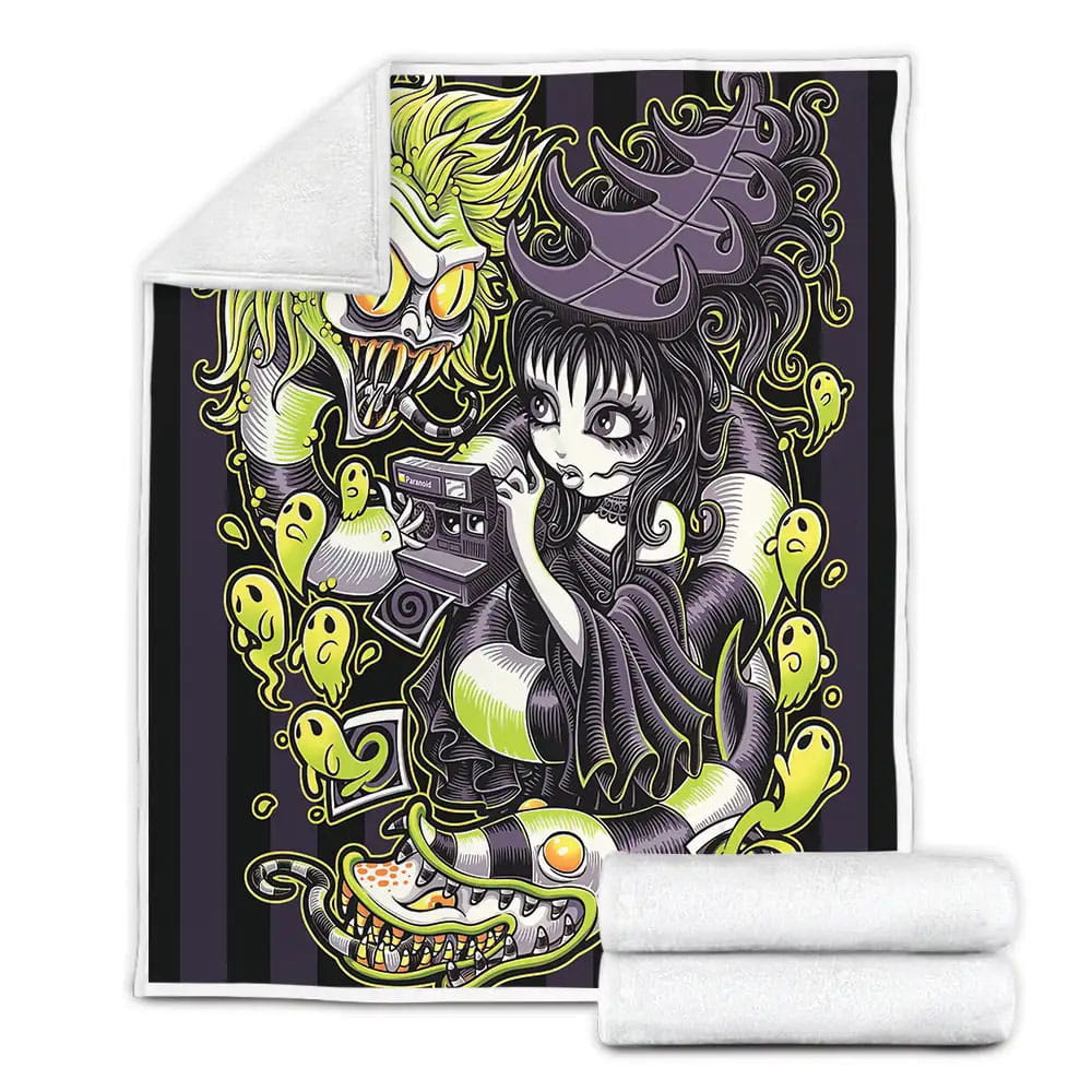 Beetlejuice And Lydia With Sandworm Fleece Blanket Gift For Christmas Thanksgiving Halloween