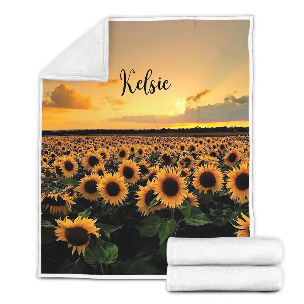 Sunset Sunflower Field Custom Name Fleece Blanket Gift For Christmas Thanksgiving Halloween