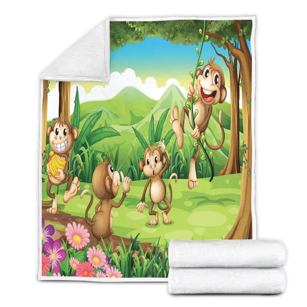 Cartoon Monkey In The Green Forest Fleece Blanket Gift For Christmas Thanksgiving Halloween