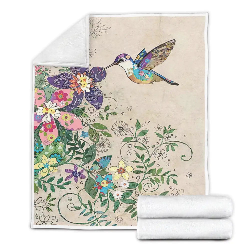 Hummingbird Flowers Painting Fleece Blanket Gift For Birthday Halloween Christmas Thanksgiving