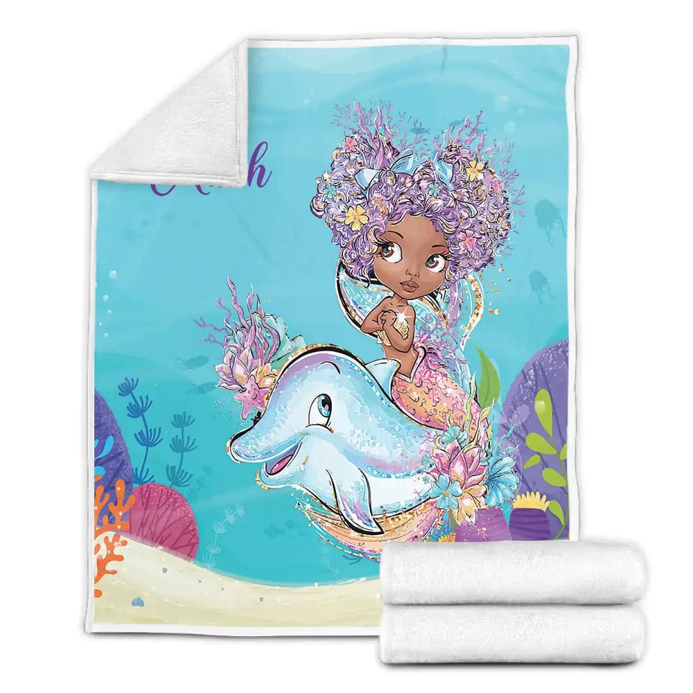 Cute Black Girl Mermaid Custom Name Fleece Blanket Gift For Christmas Thanksgiving Halloween