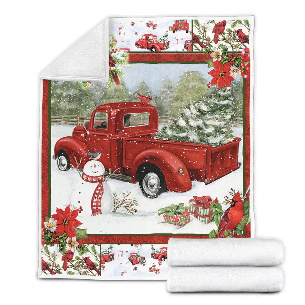 Christmas Red Truck Snowy Cardinals Fleece Blanket Gift For Christmas Thanksgiving Halloween