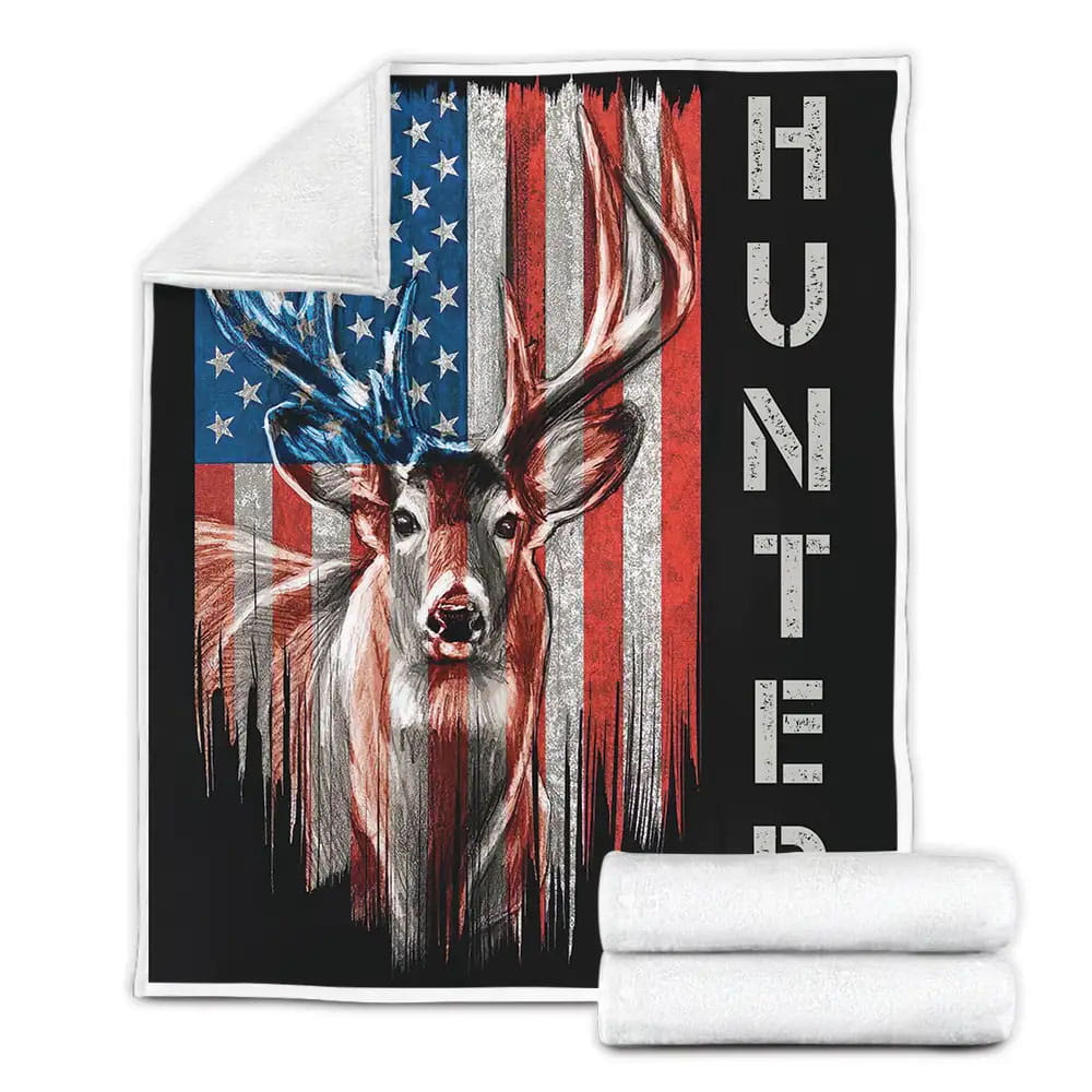 Naive Deer With American Flag Fleece Blanket Gift For Birthday Halloween Christmas Thanksgiving