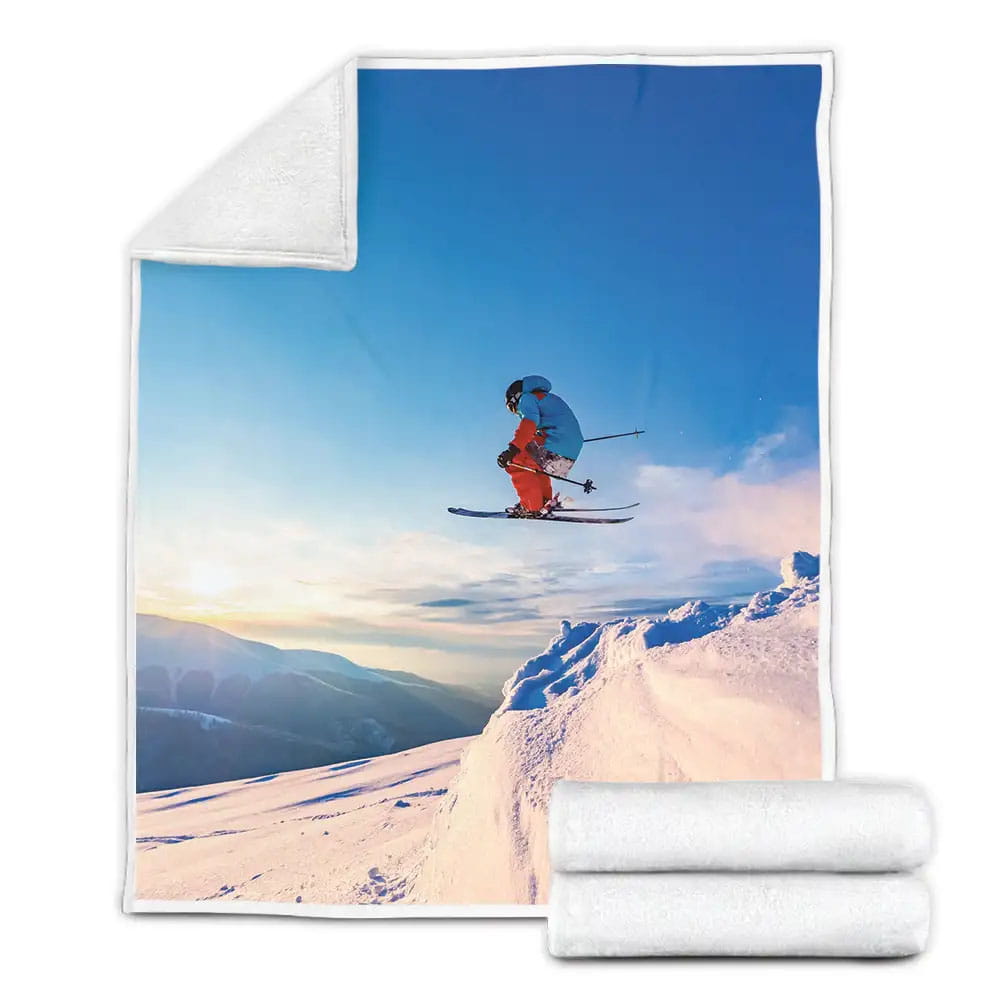 Skier Skiing On Snow Mountain Fleece Blanket Gift For Birthday Halloween Christmas Thanksgiving