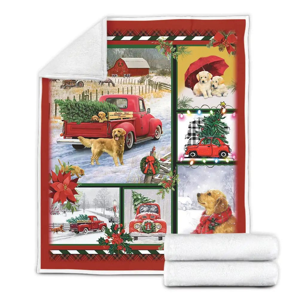 Golden Retriever Red Truck Christmas Fleece Blanket Gift For Christmas Thanksgiving Halloween