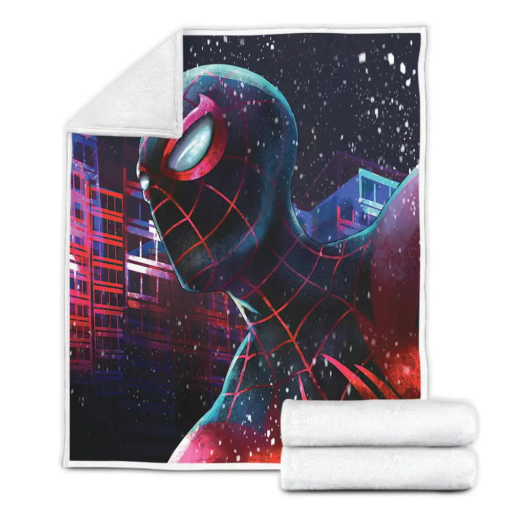 Spider Man Miles Morales In Neon Building Background Fleece Blanket Gift For Wife Husband Besties