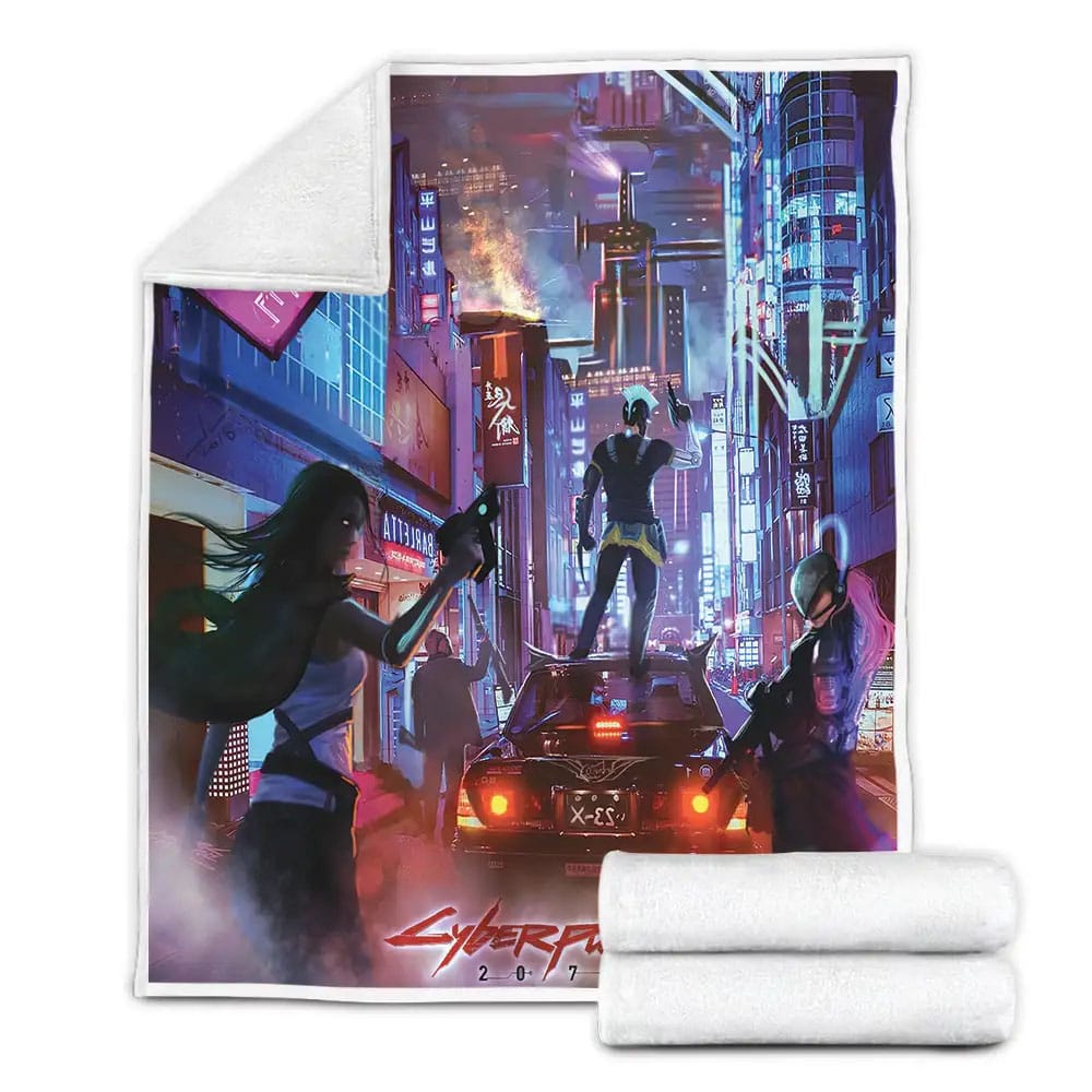 Cyberpunk 2077 Characters With Weapon Fleece Blanket Gift For Christmas Thanksgiving Halloween