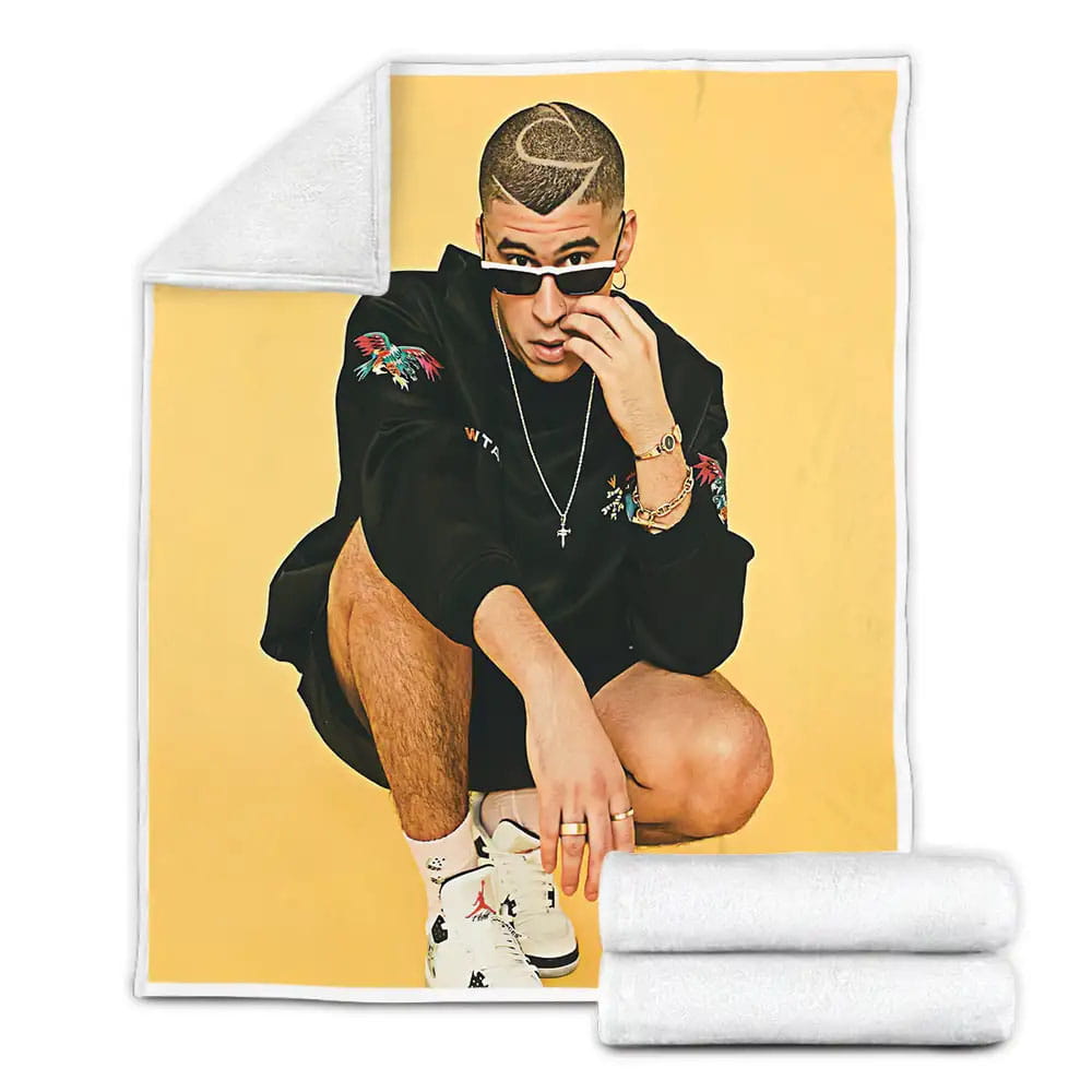Bad Bunny In Yellow Background Fleece Blanket Gift For Birthday Halloween Christmas Thanksgiving