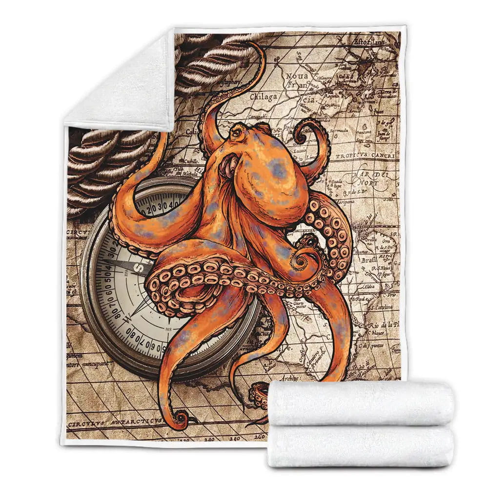 Octopus Vintage Map And Orange Octopus Fleece Blanket Gift For Christmas Thanksgiving Halloween