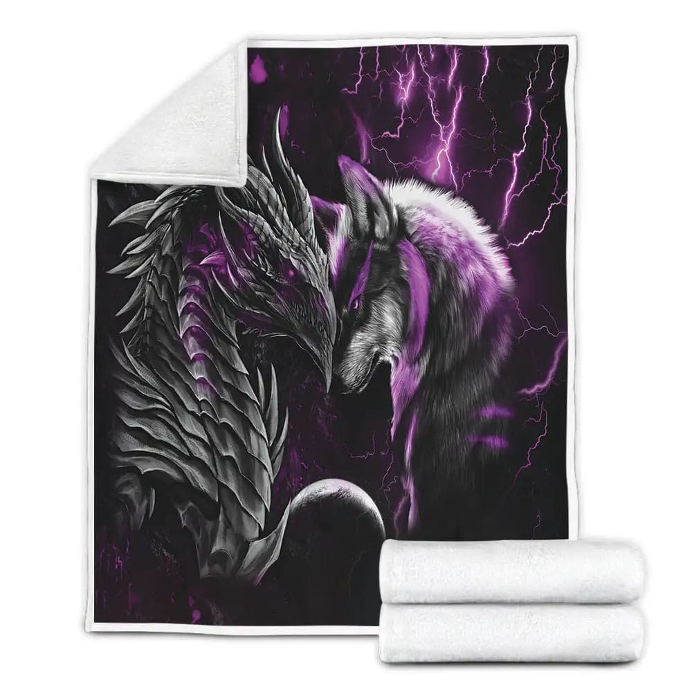 Sportyzen Purple Dragon And Wolf Light Fleece Blanket Gift For Christmas Thanksgiving Halloween