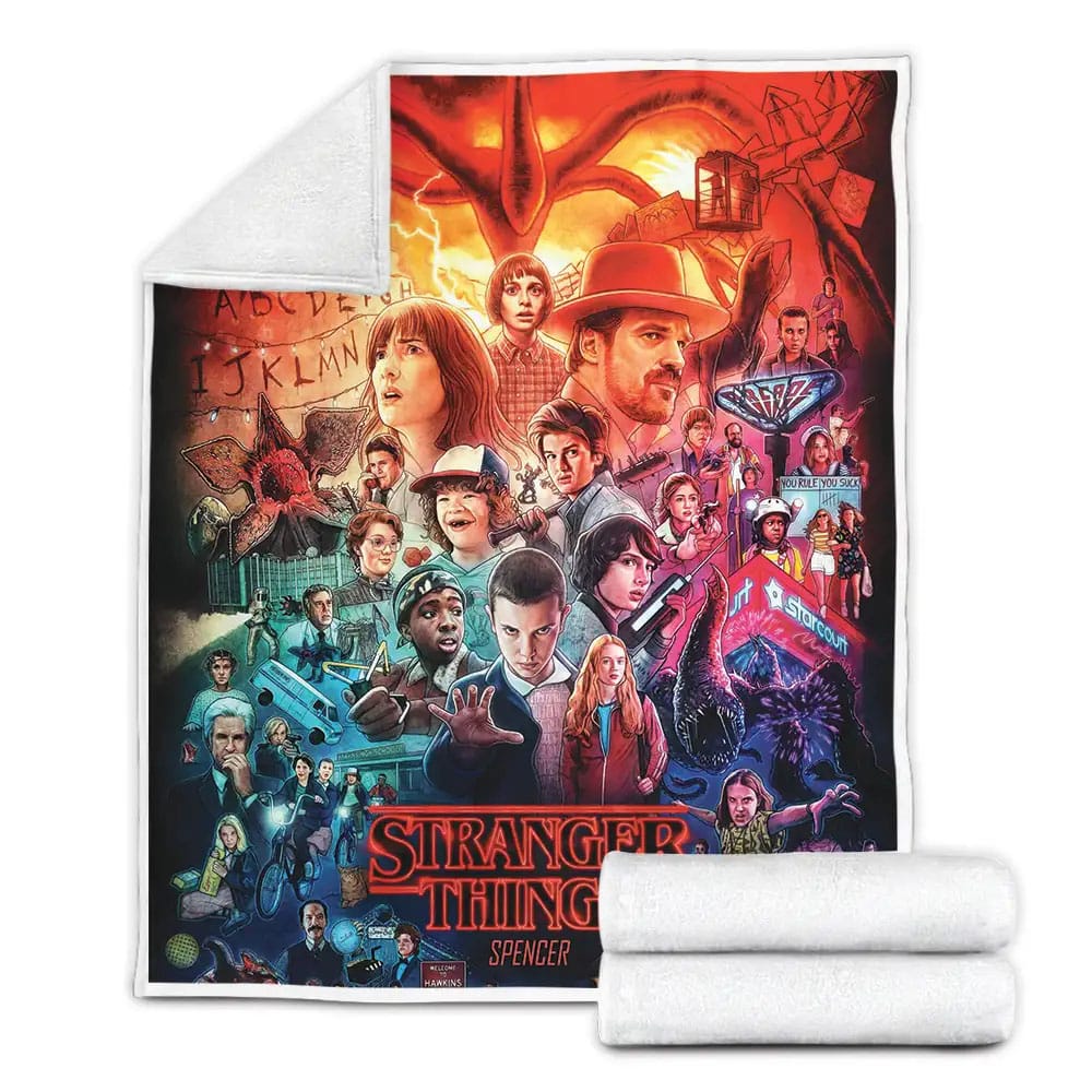 Stranger Things Characters All In One Animated Poster Fleece Blanket Gift For Wife Husband Besties