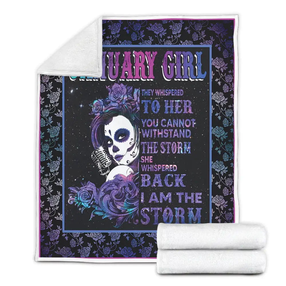 January Sugar Skull Girl Galaxy Fleece Blanket Gift For Birthday Halloween Christmas Thanksgiving
