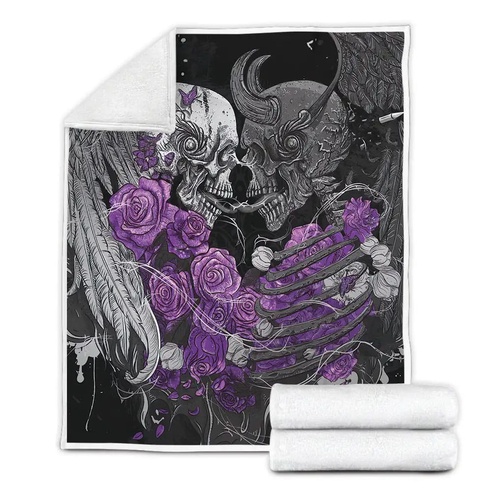 Eternal Skull Love Purple Roses Fleece Blanket Gift For Birthday Halloween Christmas Thanksgiving
